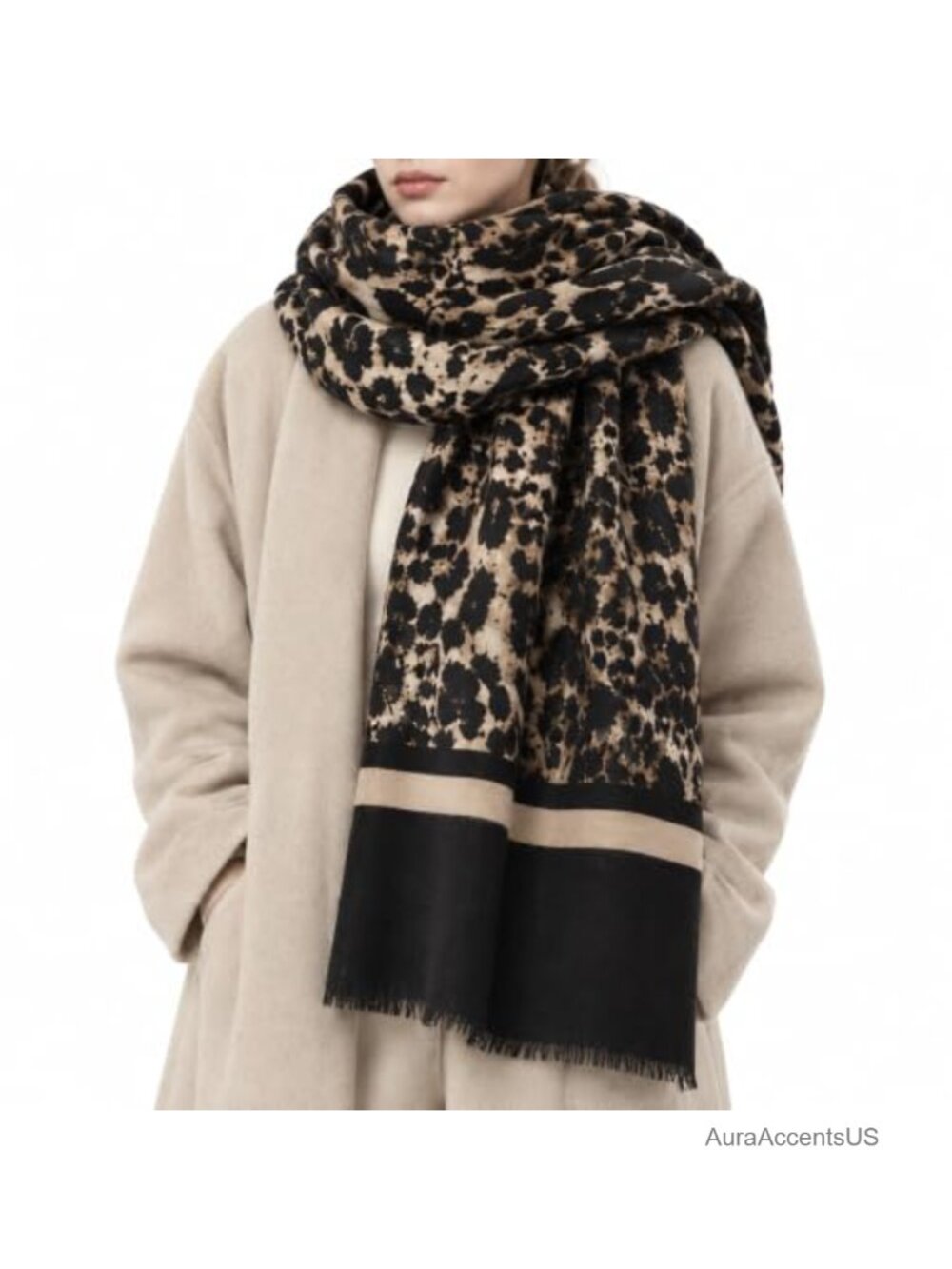 Oversized Leopard Print Fringe Blanket Scarf Women Soft Warm Wrap Shawl